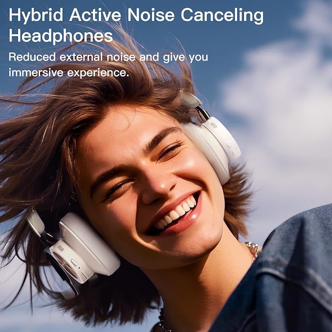 ZIHNIC Active Noise Canceling Headphones, Wireless Over Ear Bluetooth Headphones, Hi-Res Audio, Prolonged Battery Life, Deep Bass, Comfortable Foam Ear Cups-Beige