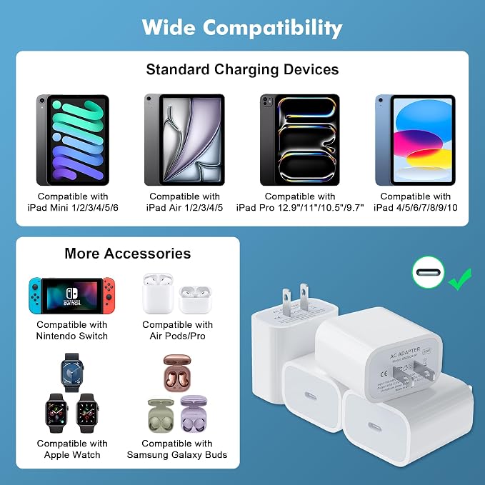 [4 Pack] USB-C Wall Charger, 20W USB-C Power Adapter Replacement for Phone 17/16/15/14/13/15 Pro/Pro Max/Plus/XS/XR/X,Galaxy, Pixel,i Pad and More
