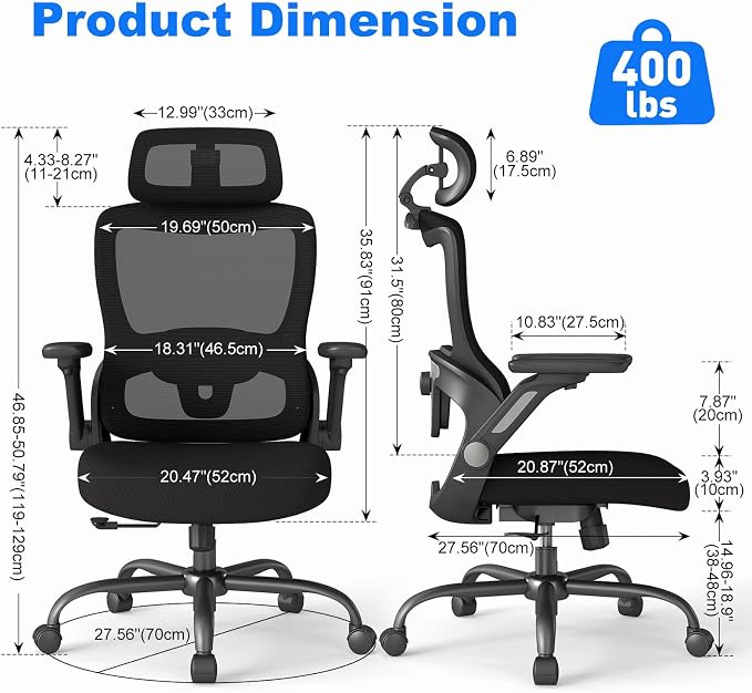 Ergonomic Office Chair, High Back Home Desk Chair with Adjustable Lumbar Support, Flip-Up Arms, Headrest, 90-135° Tilt Lock, Wide Big and Tall Mesh Computer Seating with Wheels