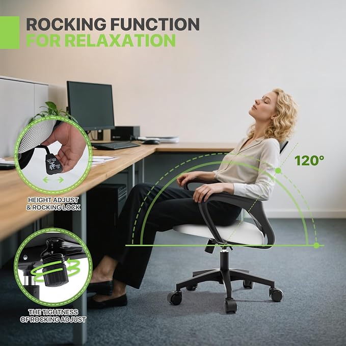Magshion Ergonomic Office Desk Chair, Mid-Back Mesh Computer Chair, Swivel Chair with Breathable Backrest & Lumbar Support, Adjustable Height for Gaming, Work, Study, 300 Lbs Capacity, White