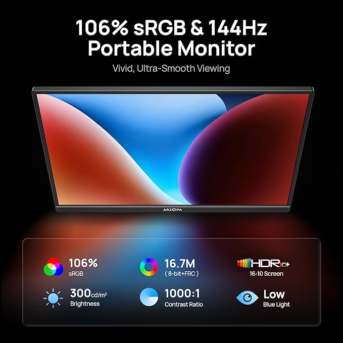 ARZOPA 16.1'' 144Hz Portable Gaming Monitor, 106% sRGB 1080P FHD Kickstand Portable Monitor with HDR, Ultra Slim, Eye Care, External Second Screen for Laptop, PC, PS5, Mac, Xbox-Z1FC
