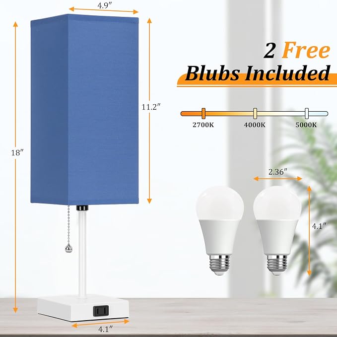 18'' Table Lamp for Bedroom set of 2,3-Color Bedside Lamps with Pull Chain Table Lamps for Night stands ,Small Night Light Lamps with 2 Bulbs Lamps for Living Room Kids Room Office Decor（Blue+White）