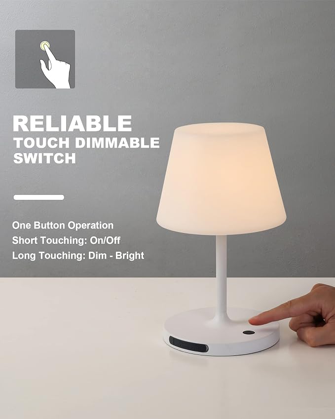 WEILAILUX Outdoor Battery Operated Table Lamp Waterproof, 4000mAh Cordless Table Lamp Rechargeable, Touch Dimmable Desk Lamp, LED Night Light for Patio Camping Restaurant Home, H9.6in, White