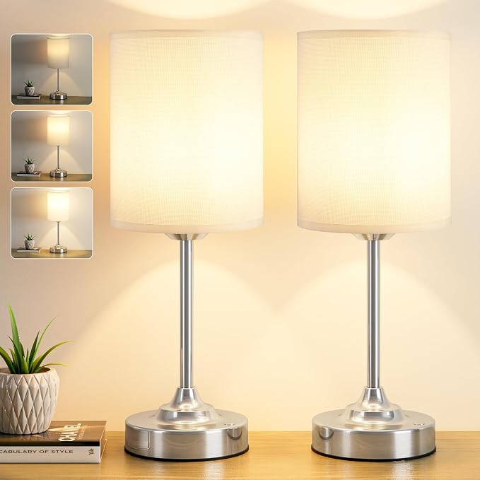 Touch Control Cordlss Table Lamp, USB-C Rechargeable Lamp with Stepless Dimming, 4000mAh Battery Operated Bedside Lamp for Bedroom, Living Room, Night Light & Emergency Lighting, Silver, 2 Pack