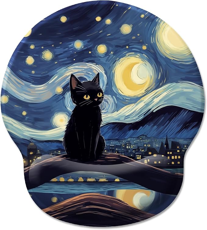 Hancynir Black Cat Ergonomic Mouse Pad Wrist Support, Starry Night Gel Mouse Pads with Wrist Rest, Cute Computer Mousepad for Desk with Non-Slip PU Base, Comfortable Mouse Pad Office Desk Accessories