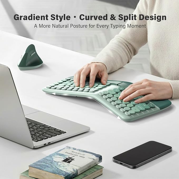 MOFII Wireless Ergonomic Keyboard & Mouse Combo – Split Curved Keyboard with Wrist Rest (All-Day Comfort) + Wireless Vertical Ergonomic Optical Mouse, Compatible with PC/Laptop/Desktop