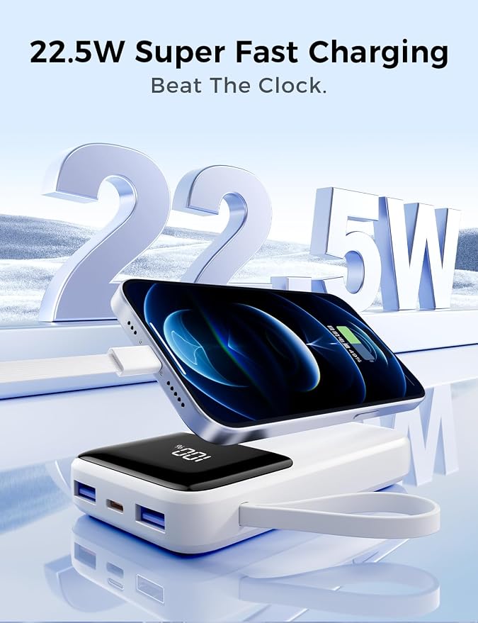 HELLEE Power Bank, 15000mAh Portable Charger with Built in Cable, 22.5W Fast Charging, 6 Outputs, Slim Travel Essential Battery Pack with LED Display, Compatible with iPhone 17/16/15/14/13, iPad White