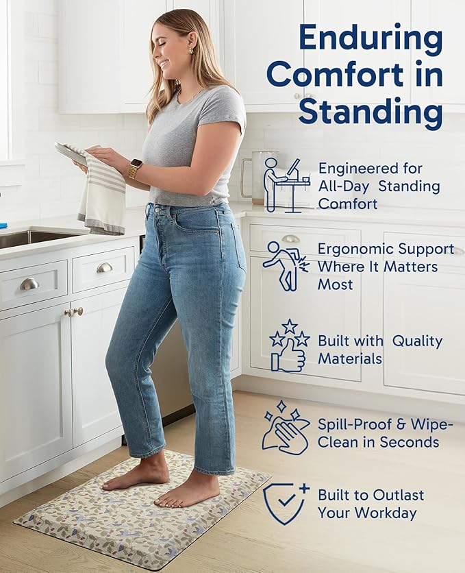 Ophanie Kitchen Mats for Floor, 3/4 inch Thick, 17x28 Anti Fatigue Cushioned Mat, Kitchen Rugs, Waterproof, Comfort Ergonomic Standing Mat for Office, Home, Sink, Bird Non-Slip Ridged Bottom