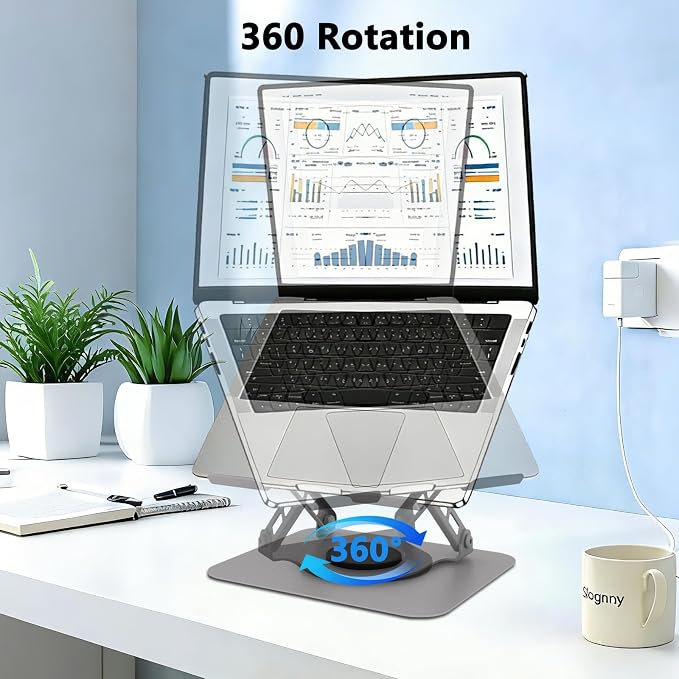 360 Rotation Laptop Stand, Multi-Angle Adjustable Laptop Holder Riser Stable Base Fully Foldable Easy to Storage and Portable Fit for MacBook Pro/Air HP 14 All Under 16” Devices (Silvery)