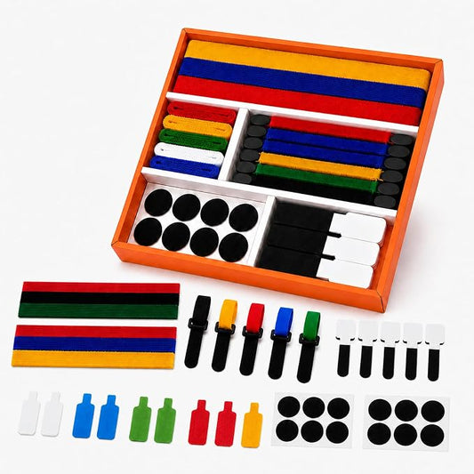 Cable Management Kit, 135Pcs Reusable Hook and Loop Cable Ties, Adhesive Clips, Cord Labels for Desk Cord Organizer Home Office - Multicolor