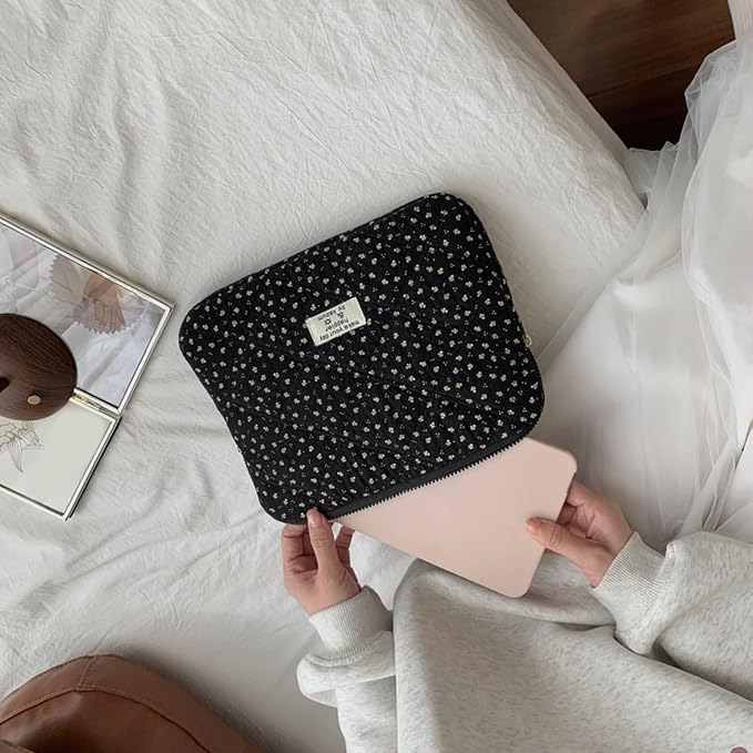 Puffy Laptop Sleeve 13-15.6 Inch Corduroy Quilted Laptop Protective Case Cute Floral Computer Sleeve Protective for MacBook (Black Ditsy Floral, 11 Inch)