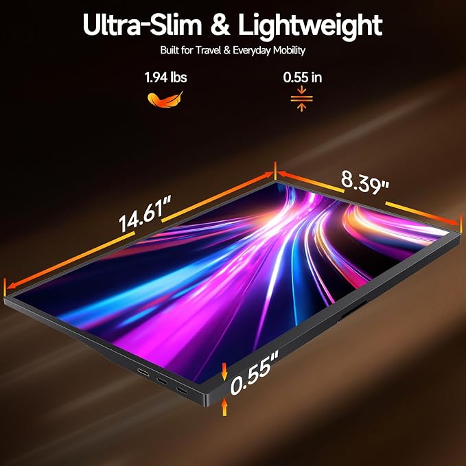 15.6" Portable Monitor 1080P FHD IPS, 250 Nits Brightness, Adjustable Kickstand with VESA Mount, USB-C HDMI, Dual Speakers, Ultra-Slim Travel Laptop Second Screen for Phone PC PS5 Switch