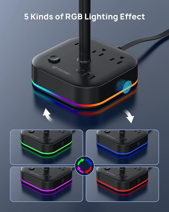 TROND Headphone Stand with USB C, Desk Gaming Headset Holder with 3 AC Outlets, 2 USB-A and 1 USB-C, Headset Stand with 5 RGB Light Modes, for Gaming Desk Accessories Gamer Boyfriend Gifts
