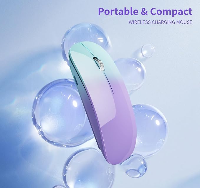 TENMOS M18 Bluetooth Mouse, USB C Rechargeable Wireless Mouse, Triple Mode (Dual Bluetooth+USB) Silent Mice Portable with USB Receiver and Type C Adapter for Laptop/MacBook/iPad - Green and Purple