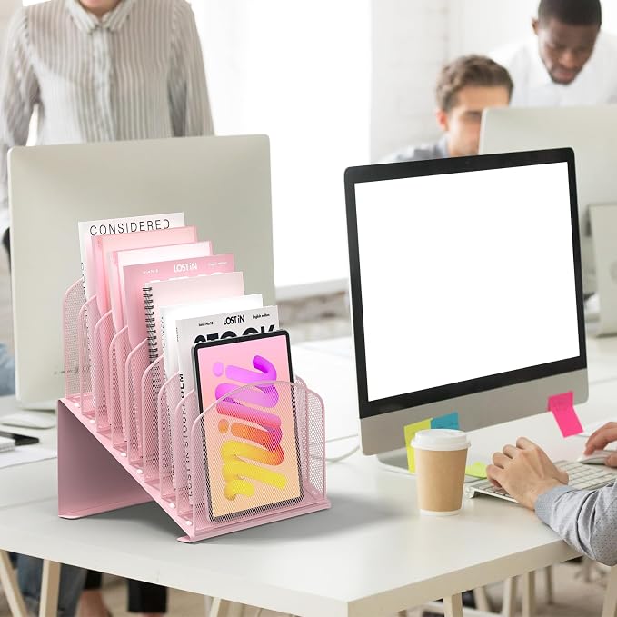Inclined Desk File Organizer Metal Desk Magazine Folder Holder with 8-Section Vertical Compartments Rack File Organizer for Office, Home, School, Pink