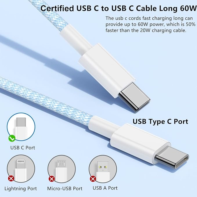 USB C to C Charger Cable 10ft, 60W Type C to C Fast Charging Cable Cord Long for Apple iPhone 17 Pro Max/17 Air/16 Pro Max/16 Pro/15 Plus/15 Pro Max/MacBook 2021/2020/2019,iPad Pro/Mini/Samsung Galaxy