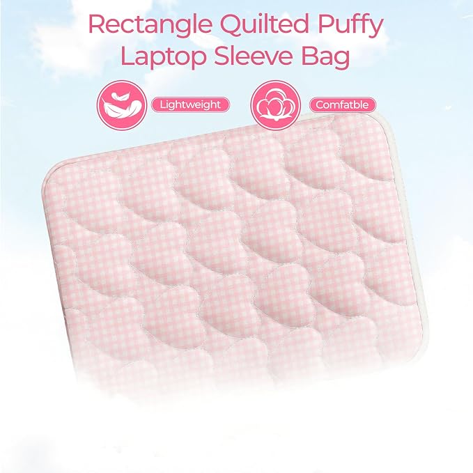 11-12 inch Cotton Quilted Laptop Sleeve for Women, Aesthetic Puffy Laptop Case Carrying Bag Compatible with MacBook Air 11.6“/iPad, Soft Computer Liner Bag (Pink Gingham, 11.6 inch)