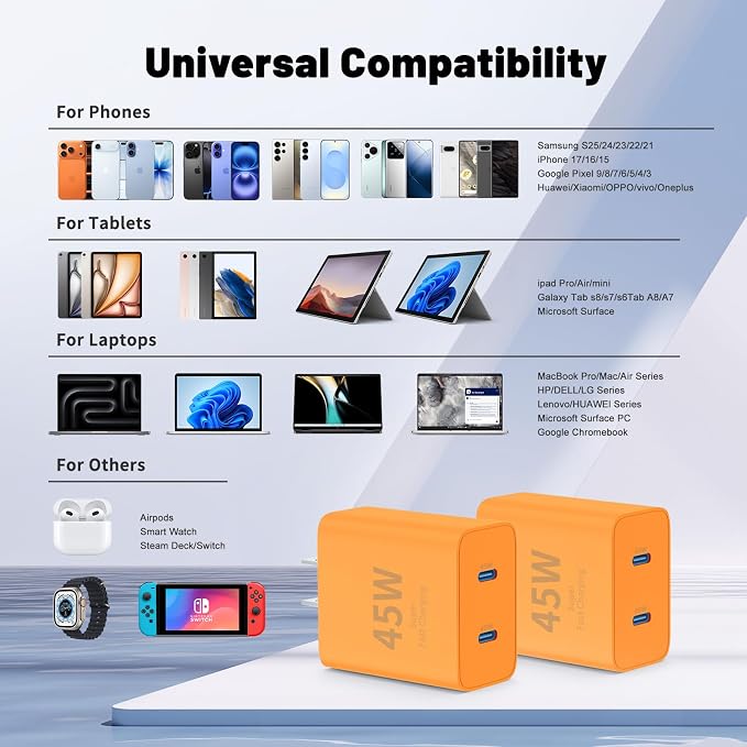 QZIIW iPhone 17 16 15 Pro Max Charger Fast Charging,45W Dual Port USB C Fast Charger Block [2-Pack] & Extra Long 60W 3/6/10/10FT USB C Cable - PD Quick Adapter 3.0 for iPhone 16 15 17/16 15 17 Pro.