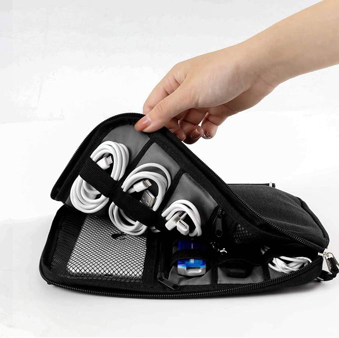 Travel Cable Organizer Bag Waterproof Portable Electronic Accessories Organizer for USB Cable Cord Phone Charger Headset Wire SD Card with 5pcs Cable Ties(Black)