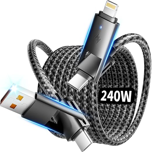 240w 4 in 1 Charging Cable, Fast Charger USB C to Lightning Cable, Braided USB to USB C Cable, Travel Essential Multi Charging Cable for iPhone 16/15/14 Series/Pad/MacBook/Galaxy/Laptops and More[5FT]