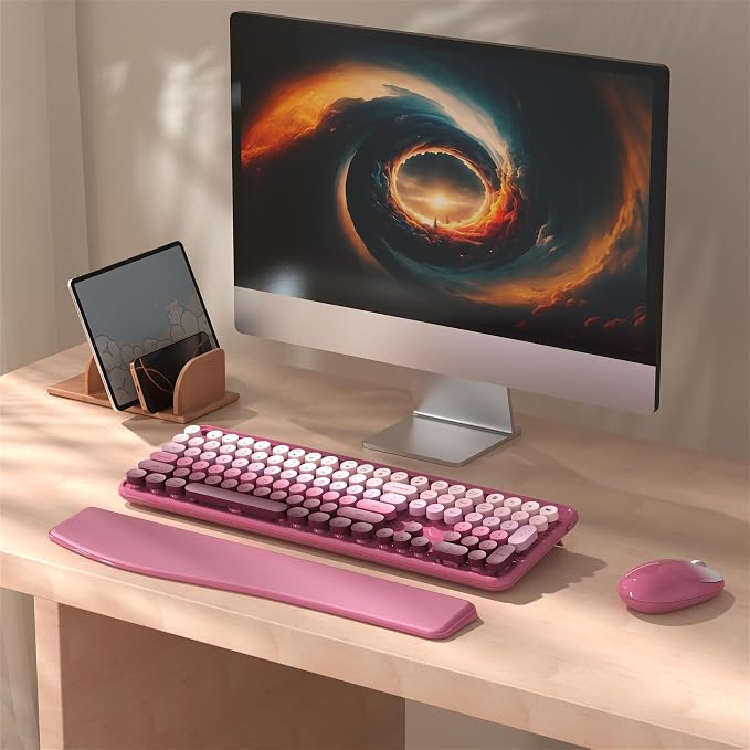 MPTOG Colorful Wireless Computer Keyboard and Mouse Combo with Phone Holder, Wrist Rest, Typewriter Keys, 2.4GHz Wireless, Full-Sized Optical Mouse for PC and Laptop(Rose-Red Colorful)