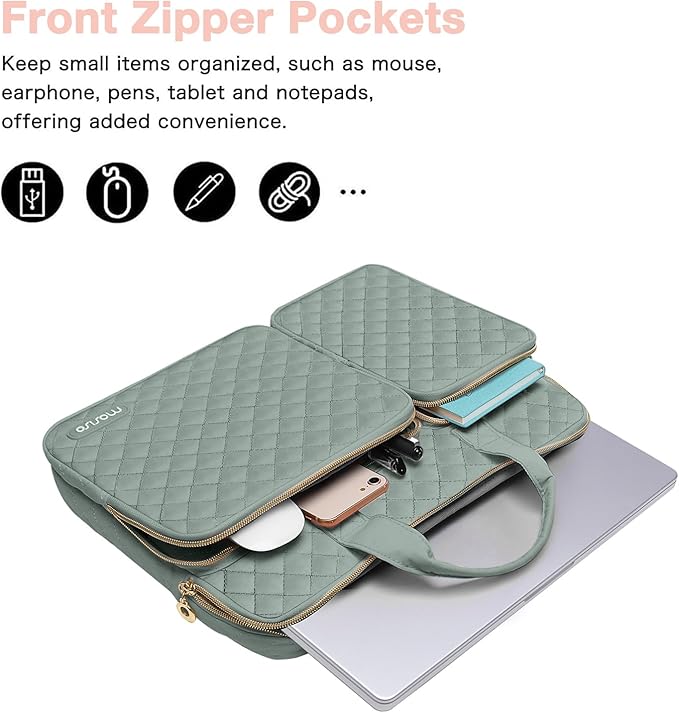 MOSISO 360 Protective Laptop Case 13.3 inch, 13-13.3 inch Laptop Sleeve Compatible with MacBook Air/Pro 13/Pro 14,HP Dell ASUS Lenovo, Square Quilted Bag Cover with 2 Pockets&Handle&Belt,Antique Green