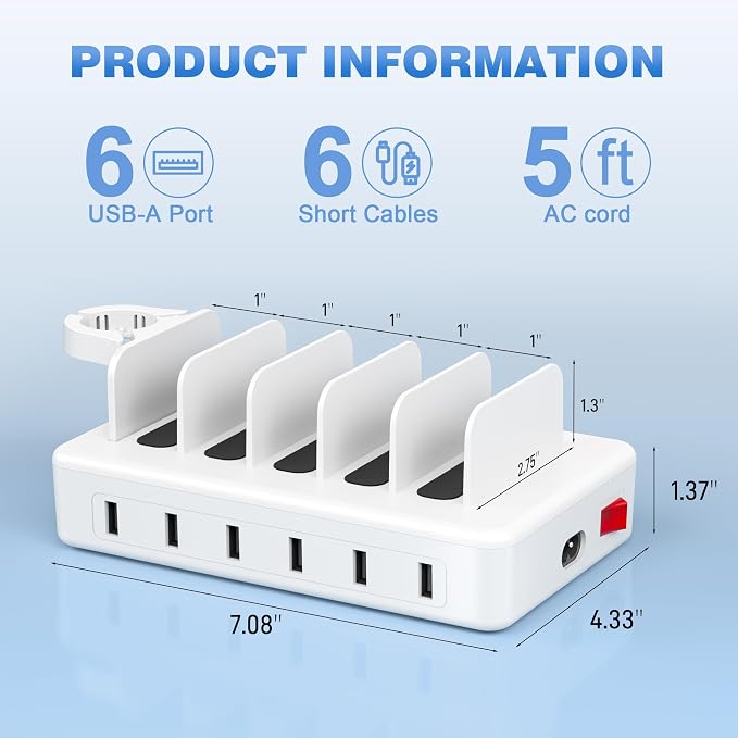CREATIVE DESIGN Charging Station for Multiple Devices, 50W 6 Ports Charging Dock with 6 Cables Compatible with Cellphone,Tablet, Kindle, Apple Watch and Other Electronic