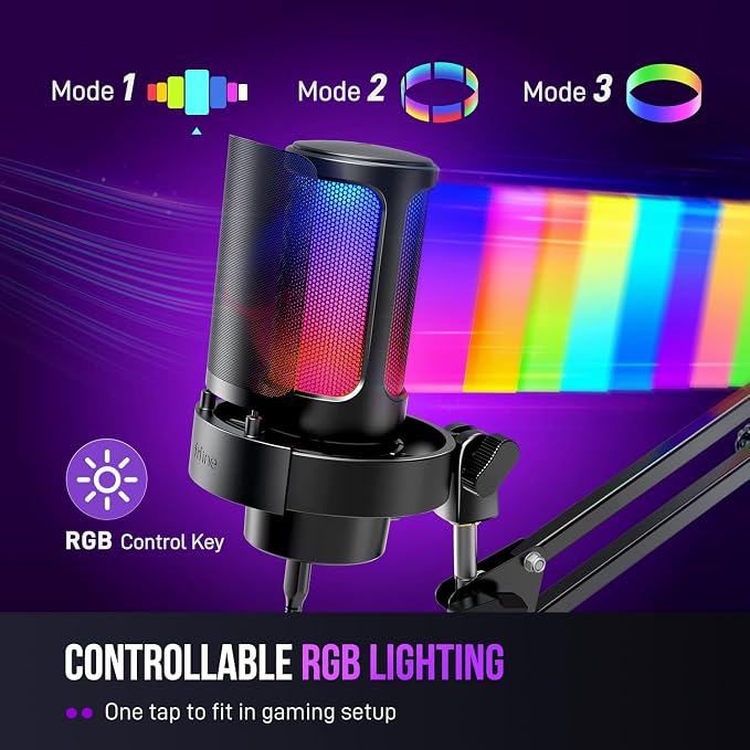 FIFINE USB Gaming Microphone Kit, PC Streaming Mic with RGB Lights, Mute, Gain Knob, Metal Boom Arm for Recording Podcast, Condenser Computer Microphone Set Compatible with PS4/PS5-AmpliGame A8T