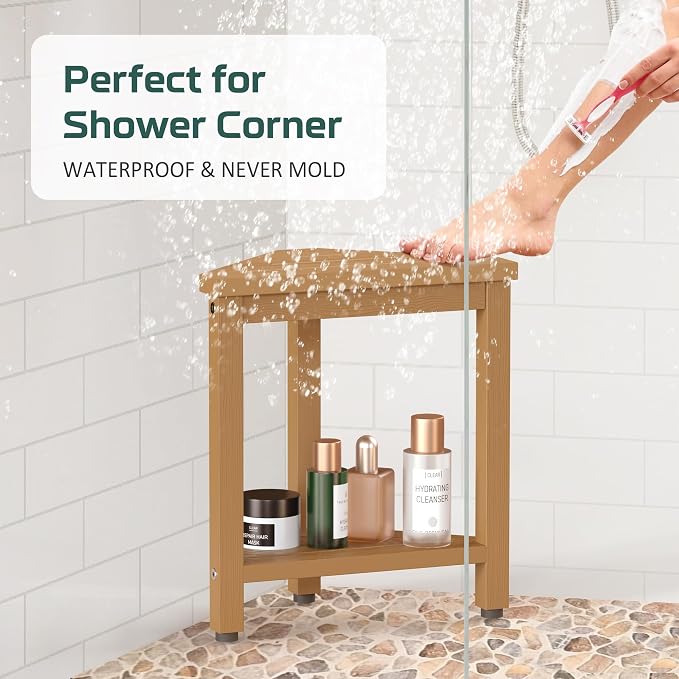 Shower Foot Rest 14in, HDPE Waterproof Shower Stool for Inside Shower, Corner Shower Stool for Shaving Legs with Storage Shelf, Shower Step Stool for Small Space, Plastic Corner Shower Bench, Teak