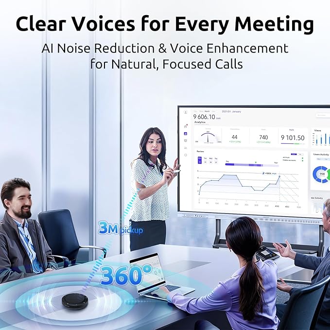 Bluetooth Speakerphone for Conference Calls – 2 AI Noise Reduction Mics, 360° Voice Pickup, USB-C & USB-A Adapter, 10-14H Playtime, Compatible with Zoom/Teams/Skype/Meet
