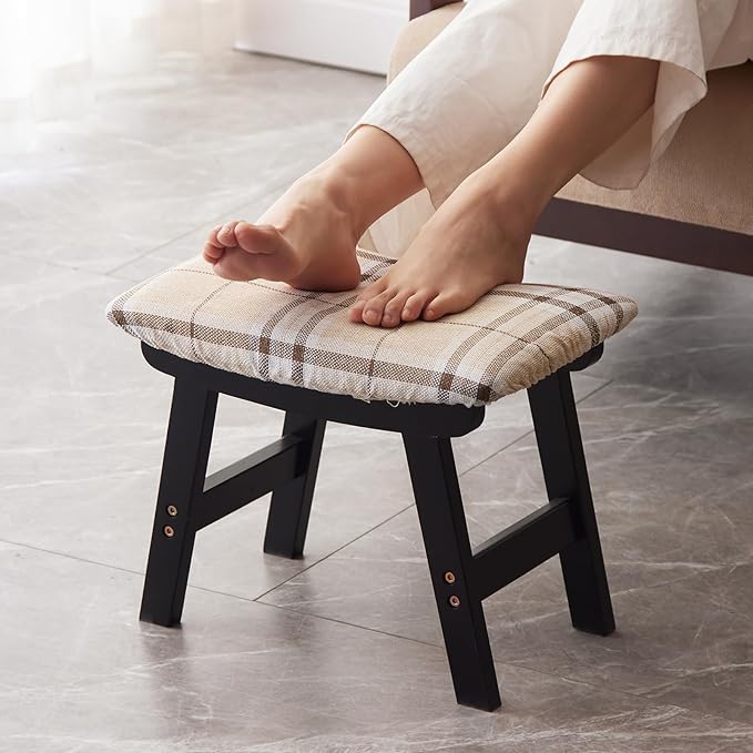 Kitsanery Foot Stool,Ottoman,Bamboo Small Sofa Foot Rest Under Desk,Extra Seating for Living Room, Bedroom and Kitchen (Black Stool Legs - Stripes Surface)
