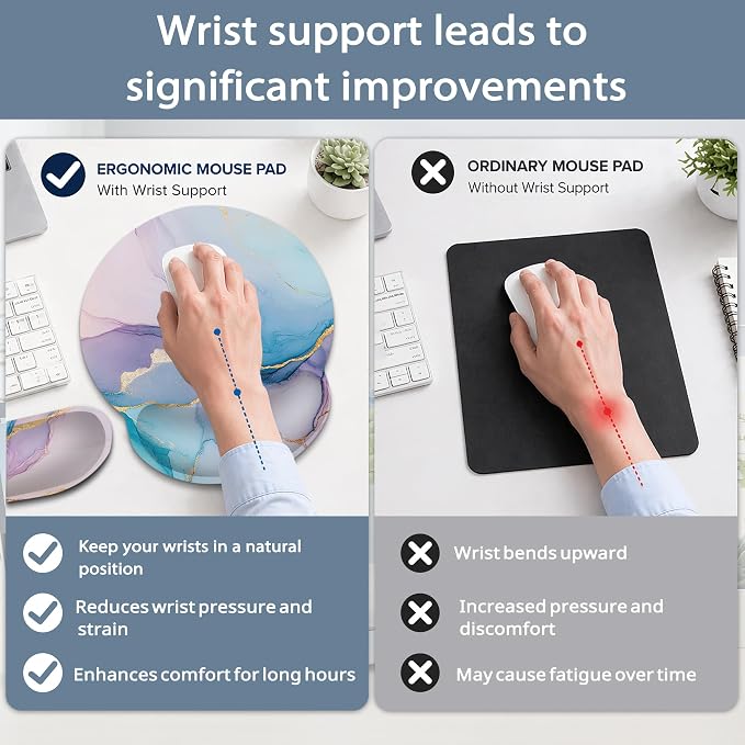 Pink Marble Wrist Rest Support for Mouse Pad Keyboard Set, Blue Gold Flowing Marble Mouse Pad with Non Slip Rubber Base for Home and Office Typing Support