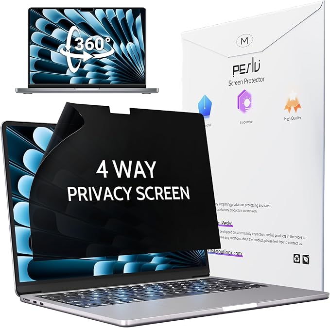 Peslv 360° 4 Way Privacy Screen for MacBook Air 15 Inch (2023-2026, M2 M3 M4 M5), Anti Glare Blue Light Spy Filter Private Cover, Bubble-Free Black Security Protector for Mac Laptop