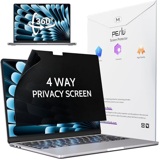 Peslv 360° 4 Way Privacy Screen for MacBook Air 15 Inch (2023-2026, M2 M3 M4 M5), Anti Glare Blue Light Spy Filter Private Cover, Bubble-Free Black Security Protector for Mac Laptop