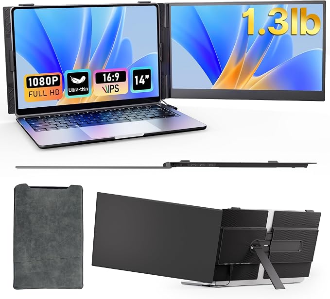 Laptop Screen Extender Monitor - Ultra-Thin Dual 14 inch IPS FHD 1080P Extended Monitors for 13"-17" Laptops Type-C/HDMI/USB-A Compatible with Windows Mac Travel Work