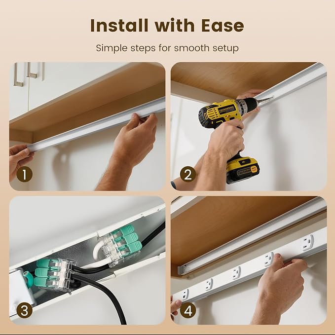 SURAIELEC Under Cabinet Power Strip Hardwire, 39.4-in, 6 Tamper Resistant Outlets with USB-A & USB-C, Seamless Under Cabinet Outlet, Customizable Length, Power Strip for Kitchen, ETL Listed, White