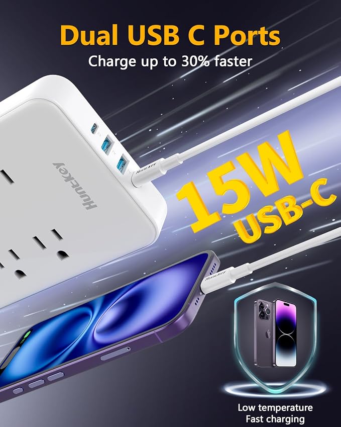 Innovative Power Strip, Cord Removable Design (10FT), Huntkey 6 Outlets Surge Protector with 4 USB Ports (2 USB-C, 2 USB-A), ETL Listed