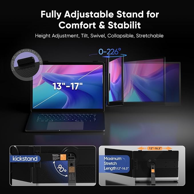 Laptop Screen Extender, 14" FHD 1080P Dual Screen Monitor for Laptop Ultra-Light Portable Monitor with USB-C/HDMI, Plug & Play for Windows/Mac/Chrome/Android