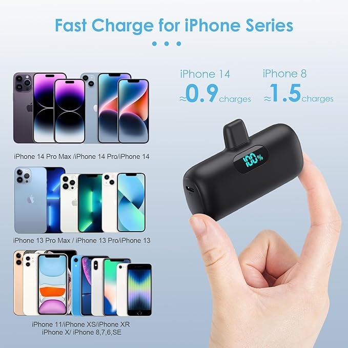 [2 Pack] Small Portable Charger for iPhone14/13, 5000mAh PD Fast Charging Power Bank, LCD Display Cute Mini Battery Pack Compatible with iPhone 14/14 Pro Max/13/13 Pro/12 Pro/11/XR/X/8-Black+Pink