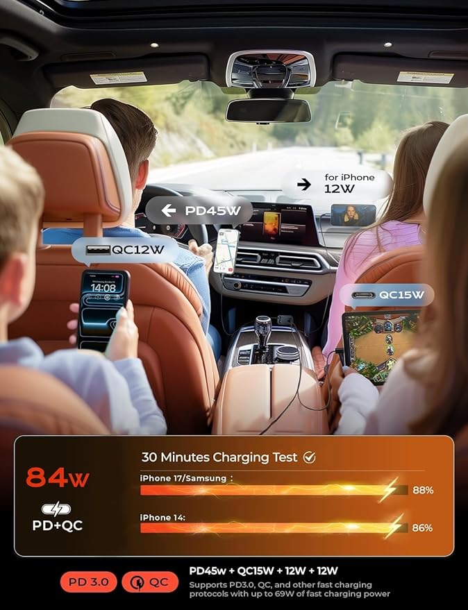 LISEN Retractable Car Charger, 84W Car Charger USB C Fast Charger Adapter for iPhone, Car Accessories for Men Women, Birthday Gifts for Fathers Day for Men Dad Husband, for iPhone 17 16 15 14 13 12 11