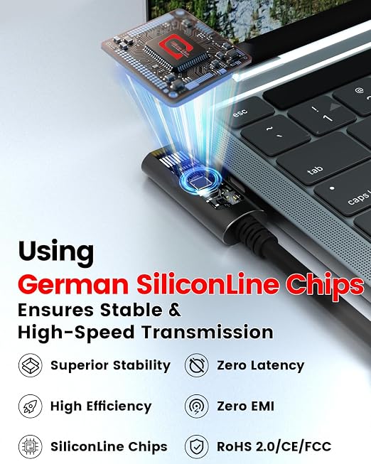 GeoHN.G USB C Fiber Optic Cable Right Angle 33FT, 10Gbps Active Optical USB 3.2 Gen2 Cable with German SiliconLine Chip, Long Distance for Machine Vision, Logitech 4K Camera, VR/AR, Video Conference