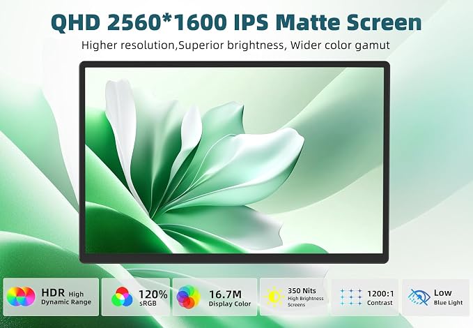 2.5K Portable Monitor for Laptop - 16 inch QHD Laptop Screen Extender 120% sRGB Wide Color HDR HDMI USB C Travel External Display with Kickstand Gaming Monitor for Computer PC Phone Game Console