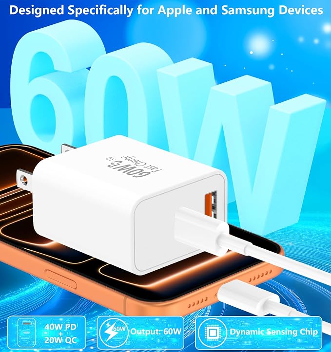 [Apple MFi Certified] iPhone 17 Charger Fast Charging, Linocell 4Pack 60W Dual Port USB C Charger Dynamic Power Adapter PD&QC Type C Wall Chargers + 6FT Type C Cord for iPhone 17/17 Pro/16 Pro/15/iPad