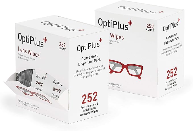 OptiPlus Eyeglass Lens Wipes l Pre-Moistened l Cleaning Wipes for Glasses, Smart Phones, Optical Lens, Goggles, and Watch Screen l Quick-Dry & Scratch-Free | 252 Count (504 Count (Pack of 1))