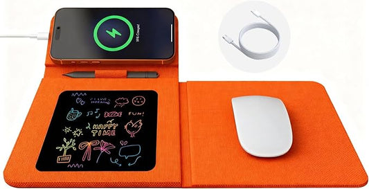 Foldable Wireless Charging Mouse Pad with LCD Writing Tablet,15W Qi Magnetic Fast Charging Mouse Mat,Multi-functional PU Leather Charging Pad for iPhone Samsung iWatch,Portable Office Home Accessories