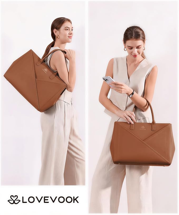LOVEVOOK Laptop Tote Bag for Women with Large Cup Holder, 16 Inch PU Leather Work Bag Teacher Tote Bag, Waterproof Computer Bags Business Office Briefcase Handbag