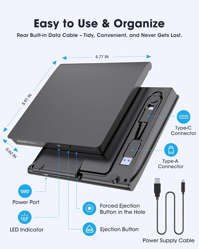 ROOFULL External CD DVD Drive with Extra Power Cable for Laptop, Ultra Slim USB 3.0 Type-C Portable CD DVD Optical Disc Drive Reader Writer Burner Player for PC MacBook Windows 11/10/7 Mac Linux OS