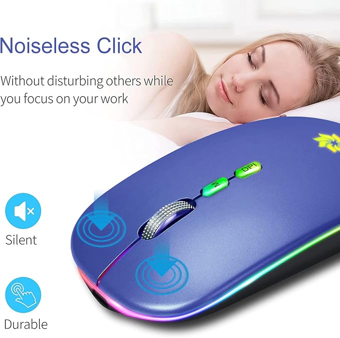 KBCASE Wireless Mouse, LED Wireless Mouse for Laptop, Slim Silent Mouse 2.4G Rechargeable Wireless Computer Mouse for Laptop, MacBook, iPad, Chromebook, with USB & Type-c Receiver
