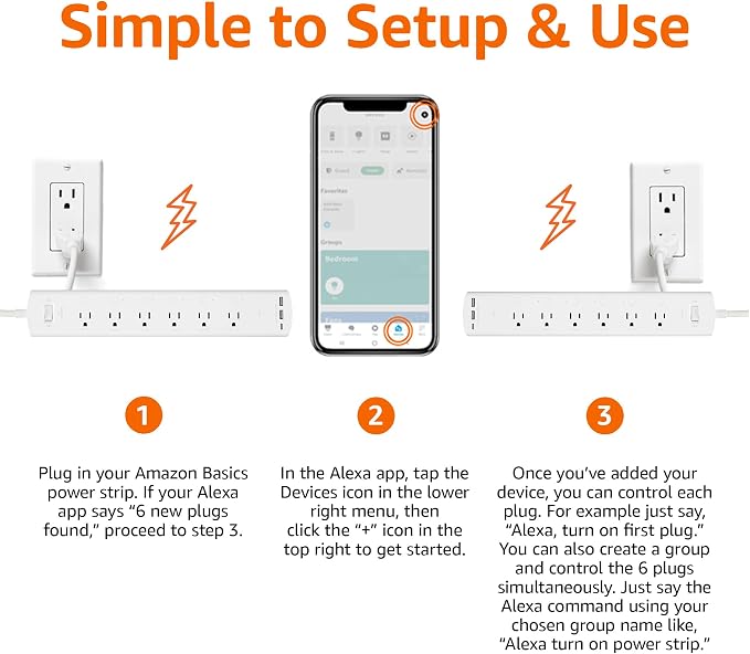Amazon Basics Smart Plug Power Strip with 6 Individually Controlled Outlets and 3 USB Ports (2 USB-A and 1 USB-C), WiFi, Works with Alexa Only, 2.4 GHz, No Hub Required, White