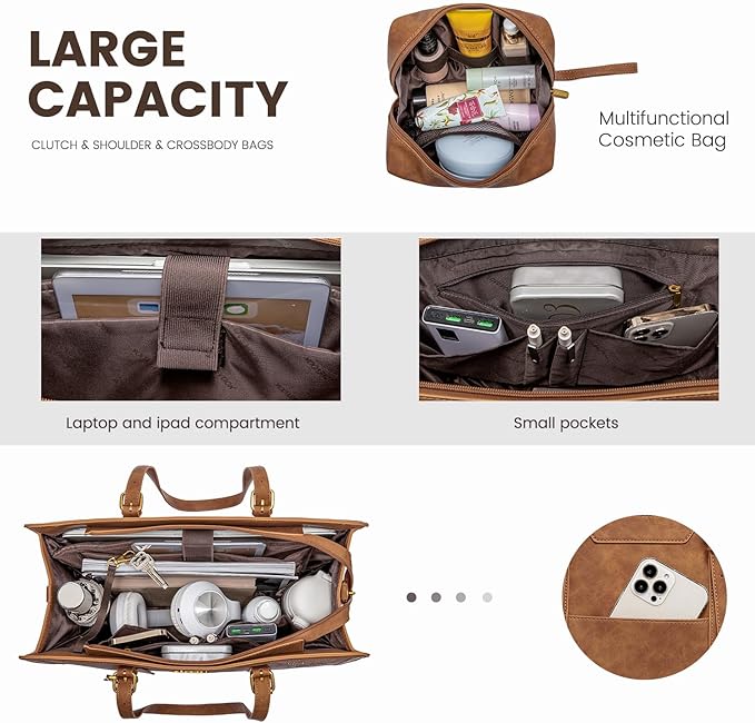 LOVEVOOK Laptop Bag for Women Vintage Leather Work Tote 17.3 inch Large Capacity Computer bag with Clutch Purse for Office, Travel, Casual